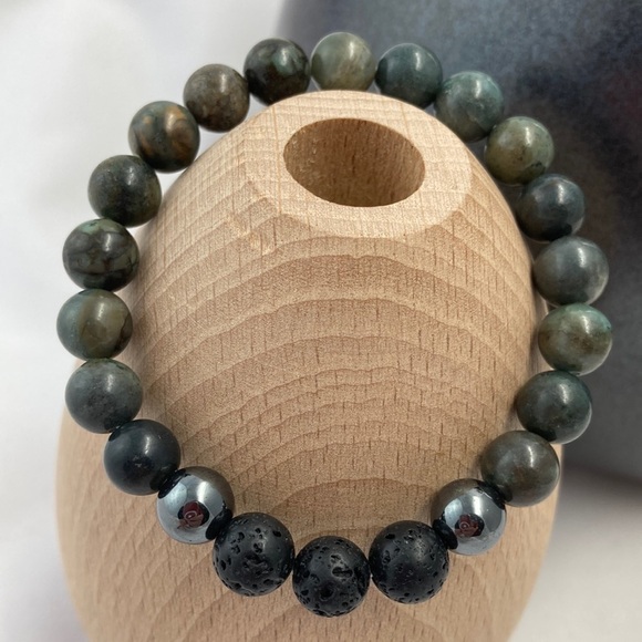 Stretch Bracelet with African Turquoise Hematite and Lava Stones - Picture 1 of 16